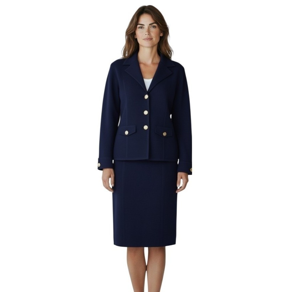 St John Pique Knit Blazer Womens 6 Navy Blue Notch Lapel Gold Logo Buttons NWT